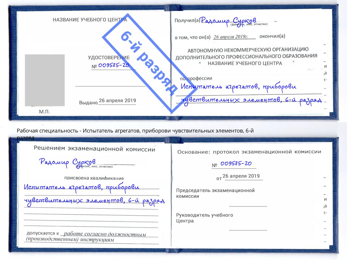корочка 6-й разряд Испытатель агрегатов, приборови чувствительных элементов Серпухов